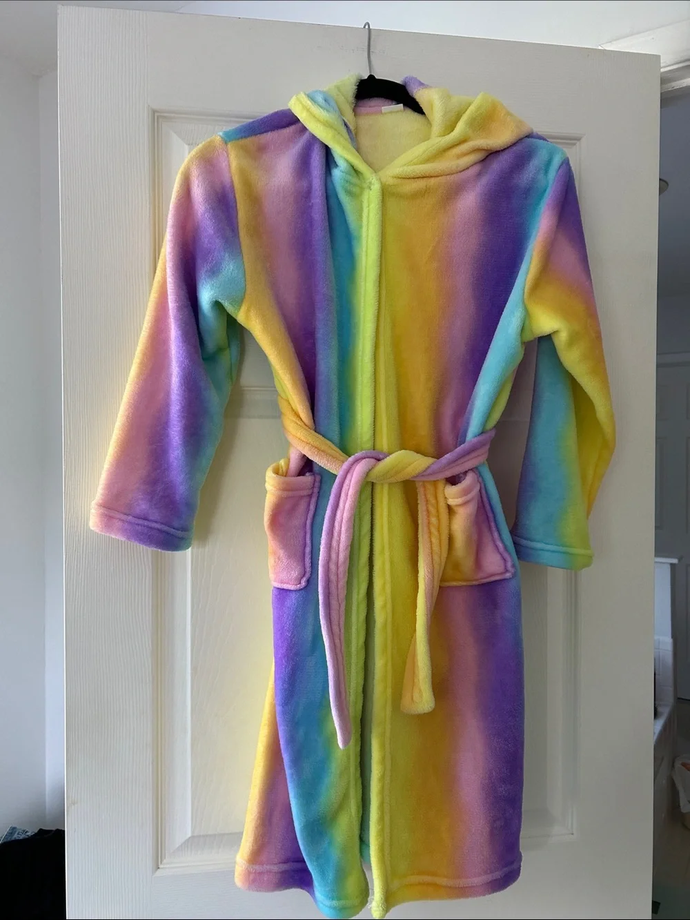 Kids Rainbow Hooded Fleece Robe - Multicolor Cozy Tie-Waist